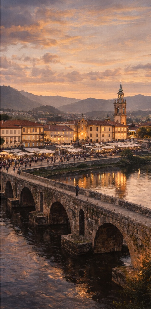 Historic Ponte de Lima bridge at sunset in Northern Portugal
